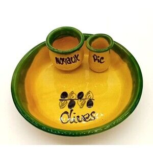 Vintage French Yellow & Green Olive Servant Dish With Pitter & Toothpick Holder